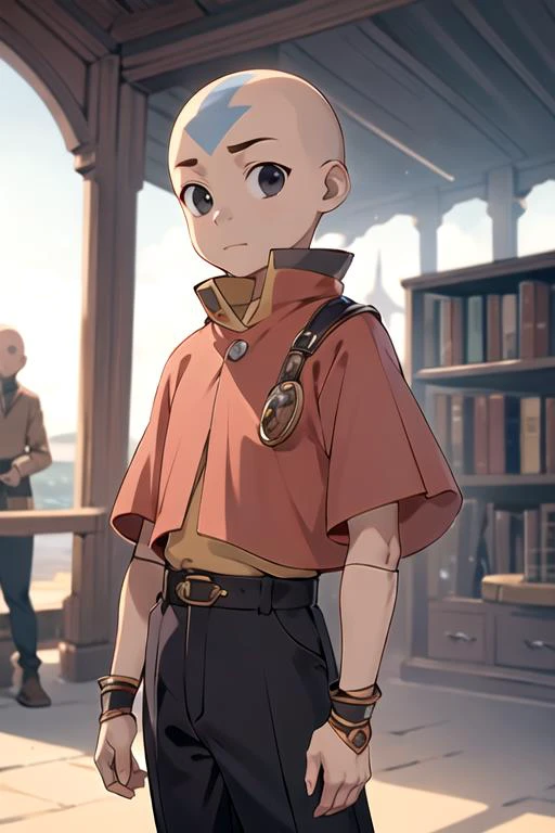 masterpiece, best quality, , 1boy, solo, male focus, looking at viewer, , depth of field, ligne claire, , <lora:aang_avatar:0.72>, aang_avatar, bald, black eyes, , science fiction western,