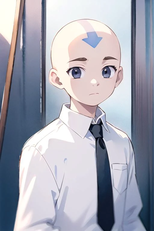 masterpiece, best quality, sketch, 1boy, solo, male focus, looking at viewer, upper body, depth of field, (watercolor illustration, soft pastel colors:1.1), , <lora:aang_avatar:0.70>, aang_avatar, bald, black eyes, dress shirt, , ,