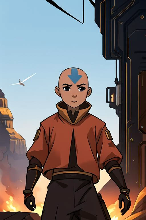 masterpiece, best quality, wallpaper, 1boy, solo, male focus, looking at viewer, , , , , <lora:aang_avatar:0.76>, aang_avatar, bald, black eyes, , science fiction cyber-thriller,