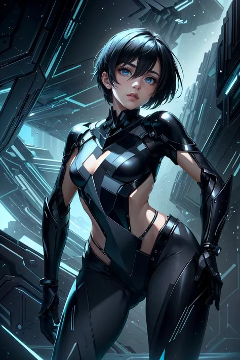 girl with short black hair, blue eyes, Tomboy, standing (solo:1.5)  <lora:Tomboy:0.6> <lora:add_detail:0.6>  <lora:StealthTech-20:1.1>, stealthtech, scifi, cutting edge, sleek angular