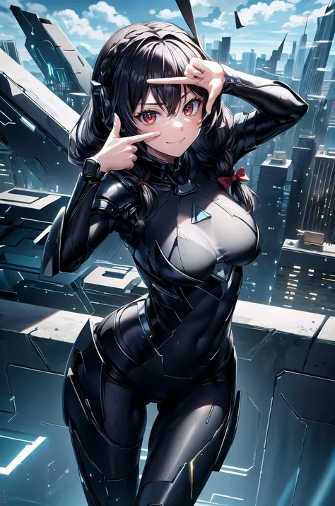 (masterpiece, best quality, detailed), 1girl, solo, looking at viewer, aayunyun, long hair, braid, twintails, hair between eyes, red bow, hair ornament, large breasts,
<lora:StealthTech-20:1>, stealthtech, cutting edge, scifi, bodysuit, shoulder armor, int...