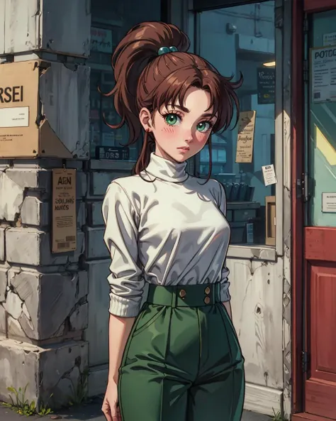 highres, hmjupiter, green eyes, ponytail, absurdres, perfect anatomy, alternate costume, 1girl, SMJupiter, brown hair, green eyes, ponytail, indoors, turtleneck sweater, high-waist pants, (1990s (style):0.9) , <lora:sailor_jupiter_v1:0.7>, arms behind back...