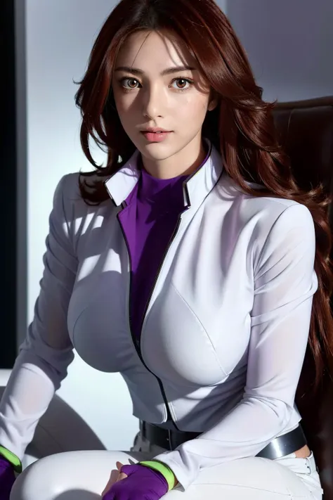 a close up of a woman in a white shirt and purple gloves