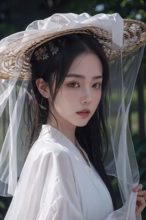 a close up of a woman wearing a hat and veil