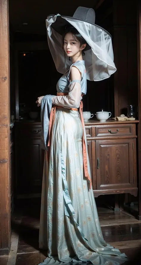 arafed woman in a blue dress and a large hat