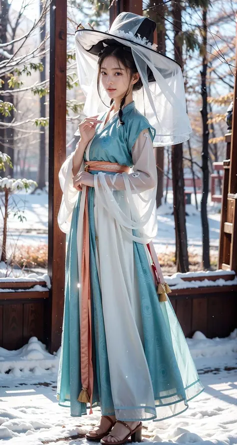 a woman in a blue and white dress and hat standing in the snow