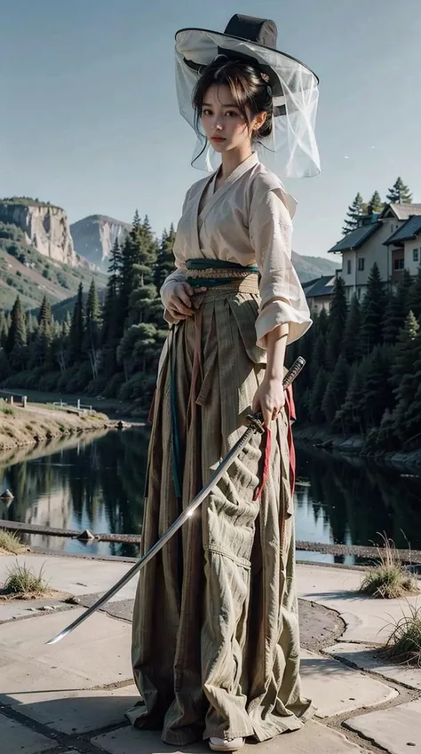 a woman in a long dress and hat holding a sword