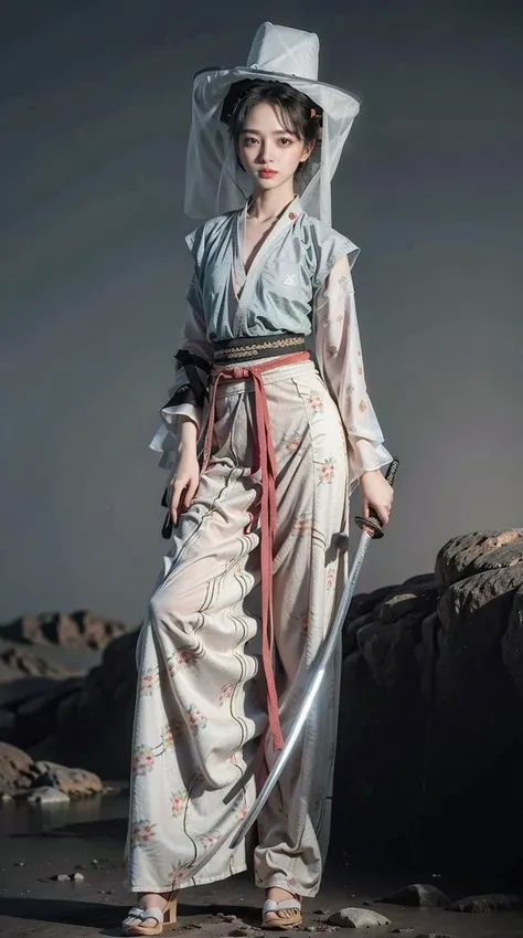 a woman in a white hat and a white robe holding a sword