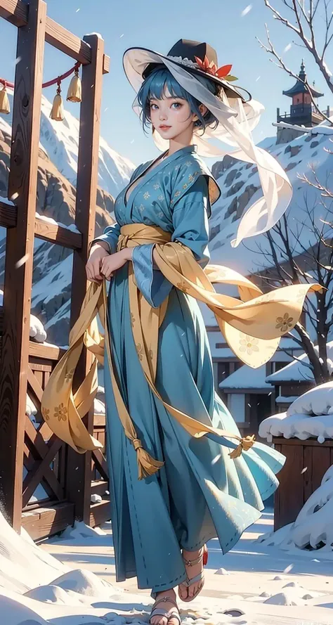 anime - style woman in blue dress and hat standing in snow