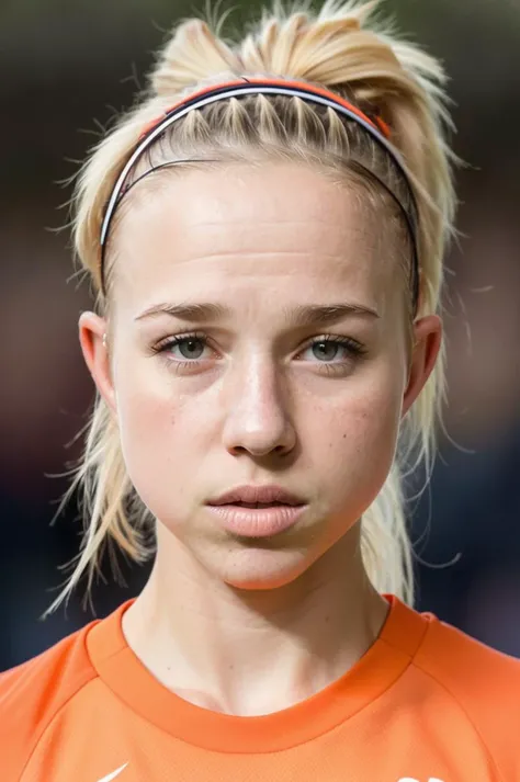 photo of (JackieGroenen_V1),  a modelshoot style, (looking at viewer), (detailed pupils:1.3),(closeup), orange soccer shirt, ponytail, dirty blonde hair, hairband, red lips, (eye shadow), realistic[:, (film grain, 25mm, f/1.2, dof, bokeh, beautiful symmetr...