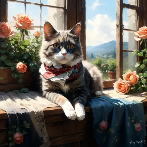 professional painting by Alayna Lemmer of a single cat wearing a small silk scarf. The cat is laying on a windowsill. It is summer morning time and clear weather. There is a roses garden on the other side of the window. cinematic focus on the cat, relaxed ...