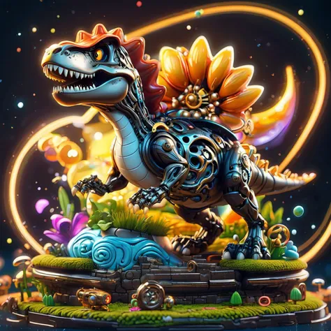 Super Mario style tilt shift logo, majestic t-rex, mechanical skeleton , swirls, bursting, vivid, 4k, professional quality, style of Dan Mumford and Petros Afshar . Vibrant, cute, cartoony, fantasy, playful, reminiscent of Super Mario series