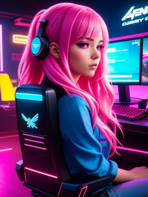 amazingly detailed, masterpiece, ultra hd, full shot, dynamic angle, beautiful girl, computer gamer, gaming computer, gaming chair, playing cyberpunk 2077, neon bedroom, streamer setup, (korean:0.3, european:, celtic:0.4), cyberpunk theme, wild long hair, ...