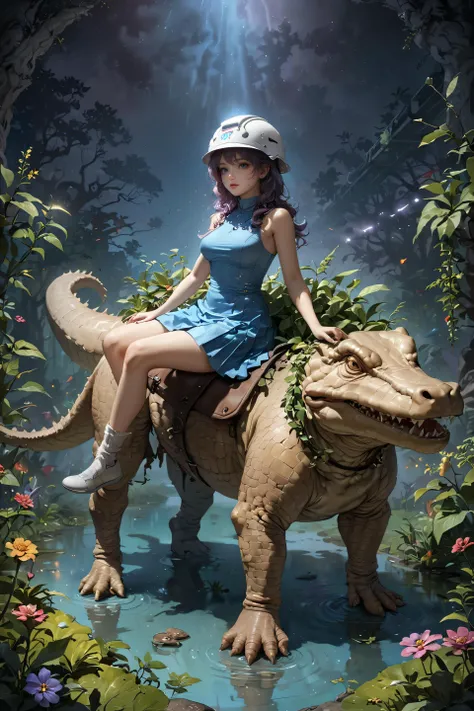 arafed girl riding a dinosaur in a forest with flowers