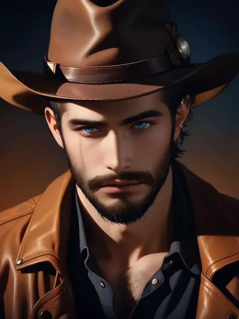 Hyper-realistic portrait of Arthur Morgan, weathered and rugged face, intense gaze, scruffy beard, furrowed brow, rugged cowboy hat casting dramatic shadows, worn leather jacket with intricate details, stubble, individual strands of hair, piercing blue eye...