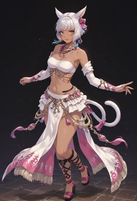 a woman in a white dress with pink and white hair and a cat tail