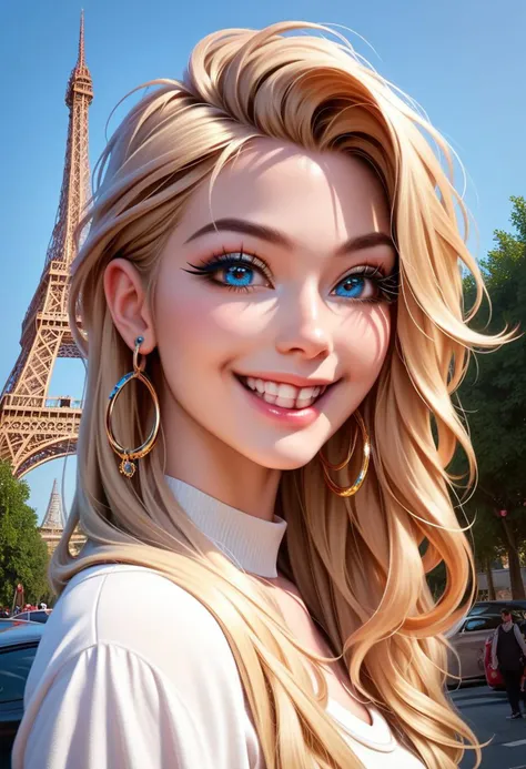 a woman with blonde hair and blue eyes standing in front of the eiffel tower