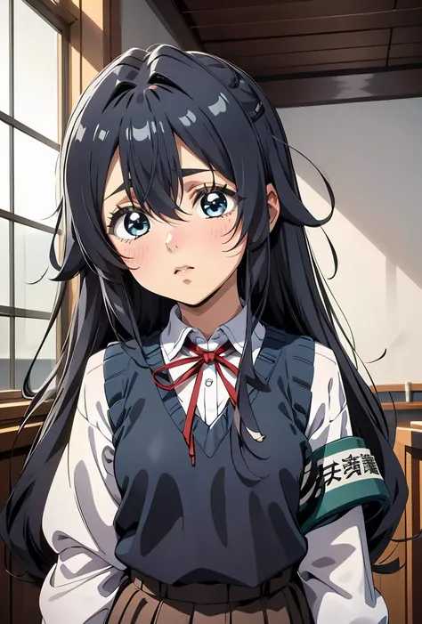 anime girl with long black hair and blue eyes in a school uniform