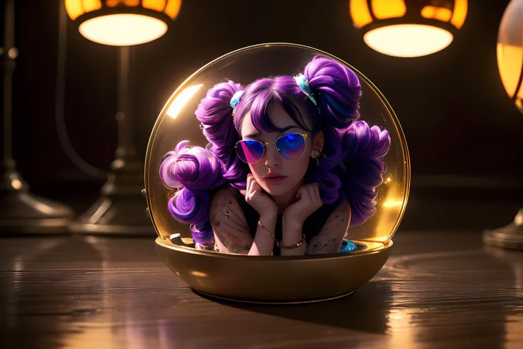 araffe woman with purple hair and sunglasses in a glass ball