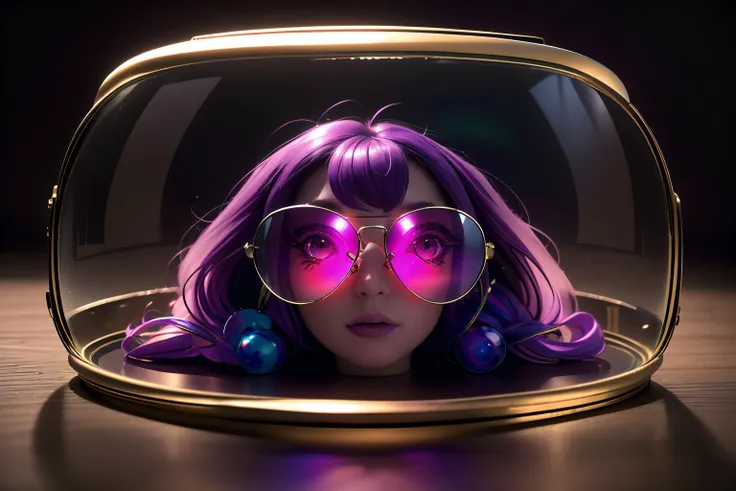 a woman with purple hair and sunglasses in a glass case