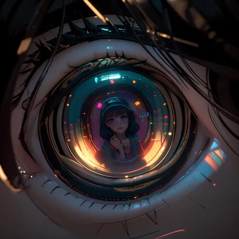 a close up of a person's eye with a picture of a woman in the center