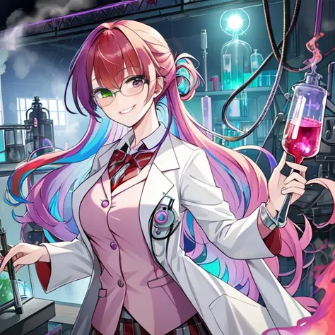 best quality, masterpiece, highres, detailed, heterochromia, multicolored hair, madscientistch, lab coat, glasses, evil smile, 1...