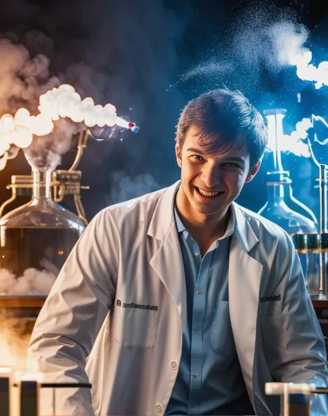 a man in a lab coat standing in front of a table with a lot of smoke