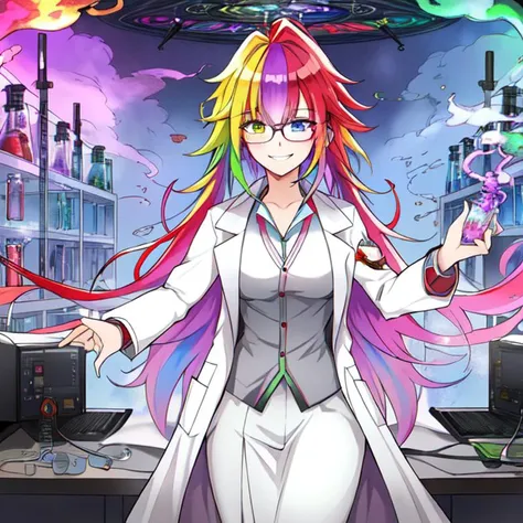 best quality, masterpiece, highres, detailed, heterochromia, multicolored hair, madscientistch, lab coat, glasses, evil smile, 1...