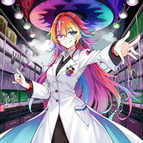 best quality, masterpiece, highres, detailed, heterochromia, multicolored hair, madscientistch, lab coat, glasses, evil smile, 1...