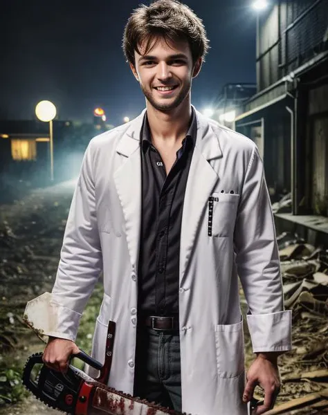 arafed man in lab coat holding a chainsaw in a dark alley