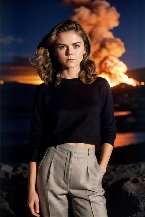 photo of K3r1Russ3ll_HM-135, a woman, perfect hair, (modern photo), wearing long sleeve sweater, long pants, 150mm medium telephoto (analog, cinematic, film grain:1.3), Volcanic Expanse, Planet with active volcanoes, lava, and smoking vents., detailed eyes...