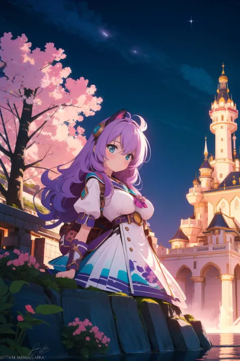 a girl in a dress standing in front of a castle