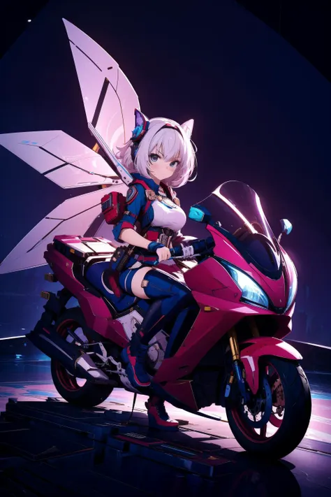 anime girl on a motorcycle with wings on her back