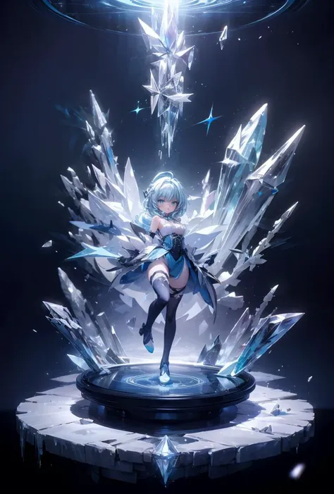 (masterpiece, best quality), 1girl, blue hair, ice hair, blue eyes, ice shards, hands crystal ice, ice blade, blue magic circle, blue corset, black thighhighs, sidelighting, light particles, abstract, <lora:add_detail:1>