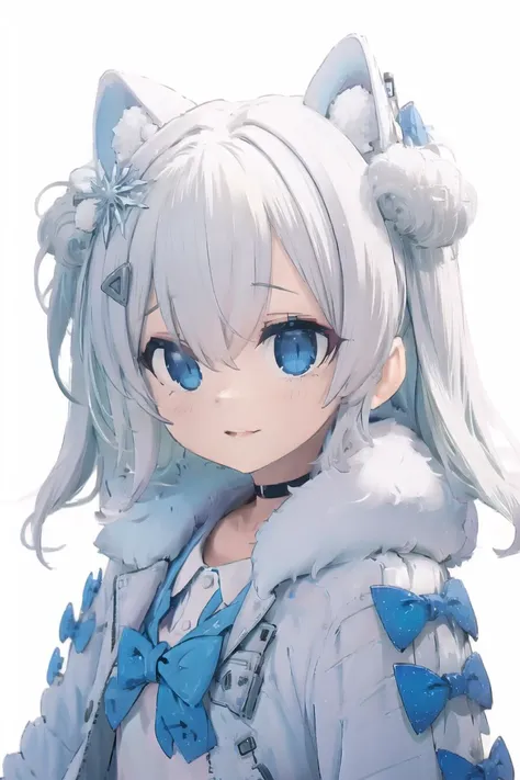 anime girl with white hair and blue eyes wearing a white coat