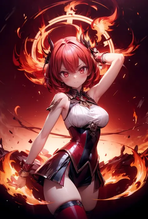 (masterpiece, best quality), 1girl, red hair, flaming hair, red eyes, flames, hands in flame, flame blade, red magic circle, red corset, black thighhighs, sidelighting, light particles, abstract, <lora:add_detail:1>