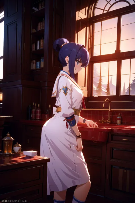 anime girl in a white dress standing in a kitchen next to a window