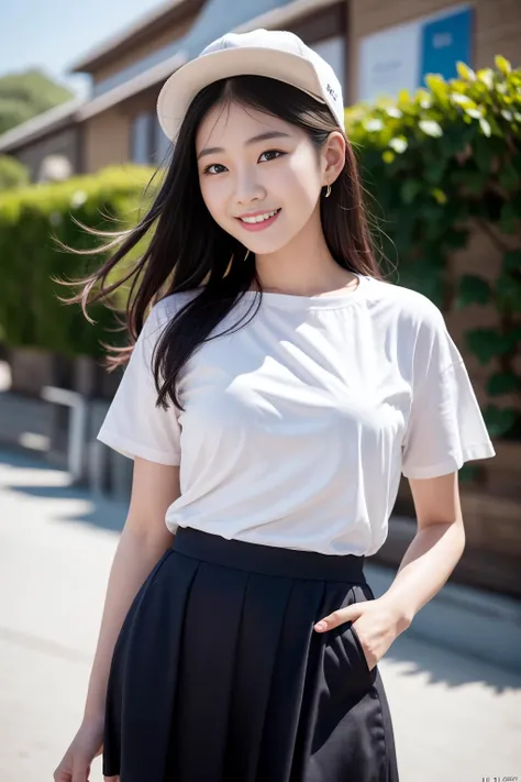 1girl, korean girl dace with smile, wear spring shirts, wear spring skirt, hat, outdoor, the most beautiful image ever seen, uhd, RAW, korea, sharp focus, realistic, (photorealistic),  best quality, ultra high res, masterpiece,  <lora:koreaface15:0.8>