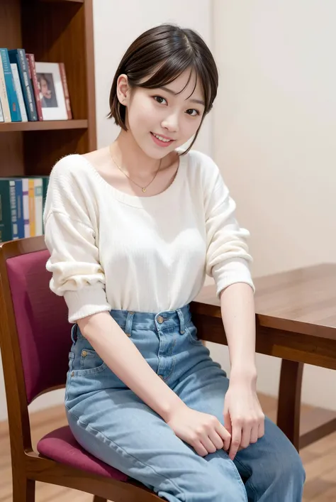 1girl, korean girl study with sit chair, smile, elbow on table, bookcase is behind, short hair, books on table, the most beautiful image ever seen, uhd, RAW, sharp focus,  (photorealistic),  best quality, ultra high res, masterpiece, <lora:koreaface10:0.8>