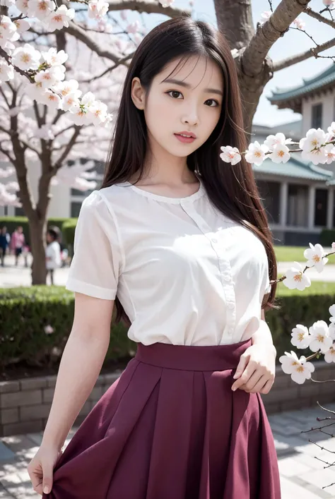 cherry blossom, look at viewer, 1girl, lift skirt, the most beautiful image ever seen, uhd, RAW, korea, sharp focus, realistic, (photorealistic),  best quality, ultra high res, masterpiece,  <lora:koreaface10:1>