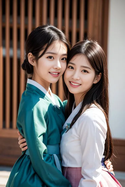 1girl, 2girls, cute korean girl snuggle with smile, hanbok, look at viewer, the most beautiful image ever seen, uhd, RAW, sharp focus,  (photorealistic),  best quality, ultra high res, masterpiece, <lora:femaleNobleClassHanbok_v10:0.6> <lora:koreaface10:0....