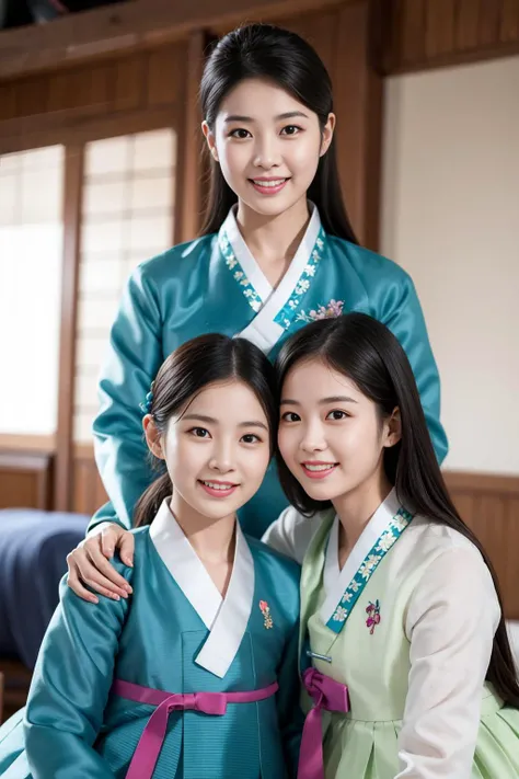 1girl, 2girls, cute korean girl snuggle with smile, hanbok, look at viewer, the most beautiful image ever seen, uhd, RAW, sharp focus,  (photorealistic),  best quality, ultra high res, masterpiece, <lora:femaleNobleClassHanbok_v10:0.6> <lora:koreaface10:0....