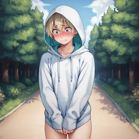 anime girl in a hoodie standing on a path in a park