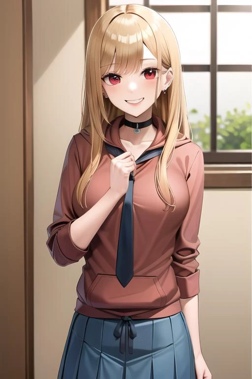 anime girl with long blonde hair wearing a brown shirt and blue skirt