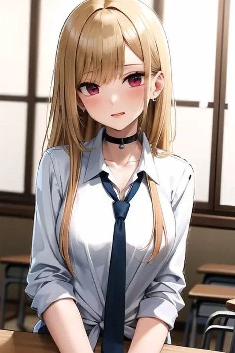 anime girl with long blonde hair wearing a tie and shirt