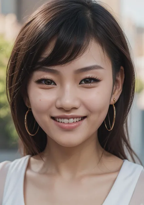 detailed eyes, Perfect features, (masterpiece), (best quality), moist skin, shiny skin, glossy skin, (good quality), intricate details, Smile, Smile, Smile, happy, Open your mouth, earrings, Ray Tracing, cute asian girl