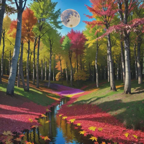 (16k uhd)aid210,(colorful:1.5),landscape/scenery,Cinematic Lighting,(autumn maple forest:1.3),full moon,(((Dreamy forest:1.3))),flower field,starry sky,stream,ripples,bird,squirrel,fox,bunny,mammal,bush/shrub,maple_tree,maple_leaf,cherry_blossoms,forest,pa...