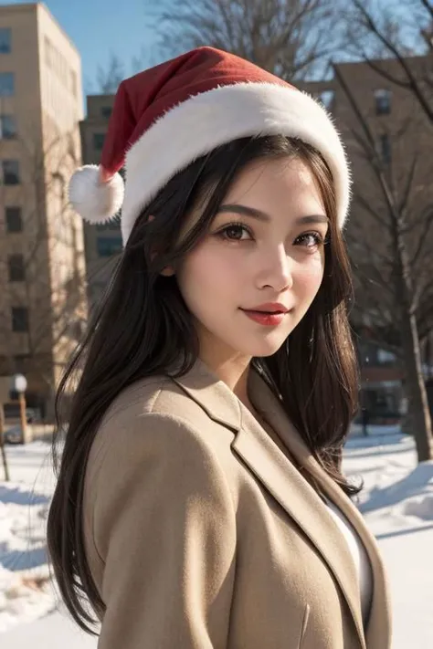 (masterpiece),
1girl,
christmas babe, christmas hat,
beige business coat, 
black hair, floating hair,
looking at viewer,
((sexy pose)), flirtatious, proud mood,
godly light aura,
perfect face feature,
winter background,
HDR, 4k textures, realistic, intrica...