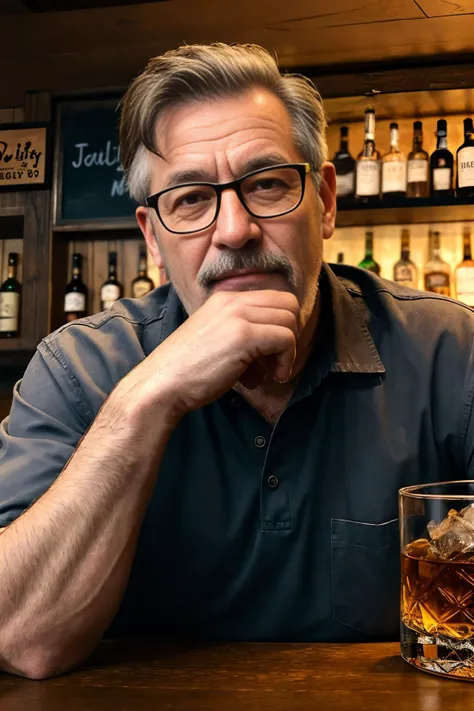 old man, facial hair, dirty shirt, in a bar, glass filled with whiskey in front, highly detailed, dirty, old, mair filled with smoke, 8k,