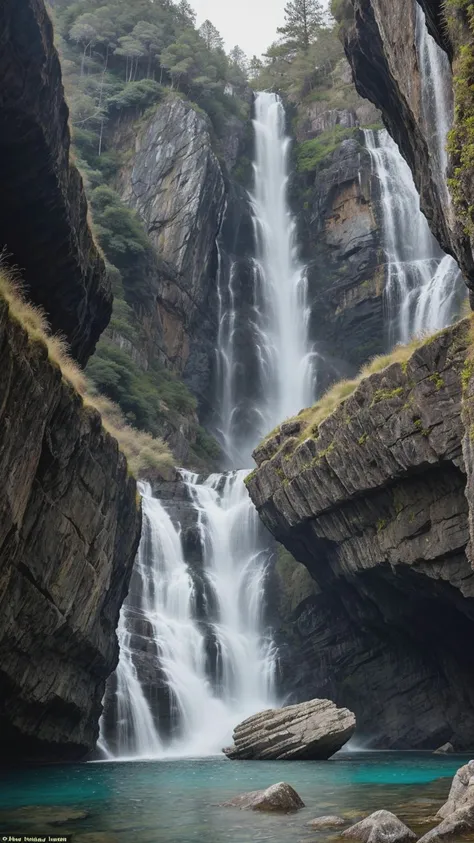 A pristine long-exposure photograph capturing the cascading movement of a high-detail waterfall against a backdrop of rugged cliffs, emphasizing the silky flow and radiant turquoise hues of the water.